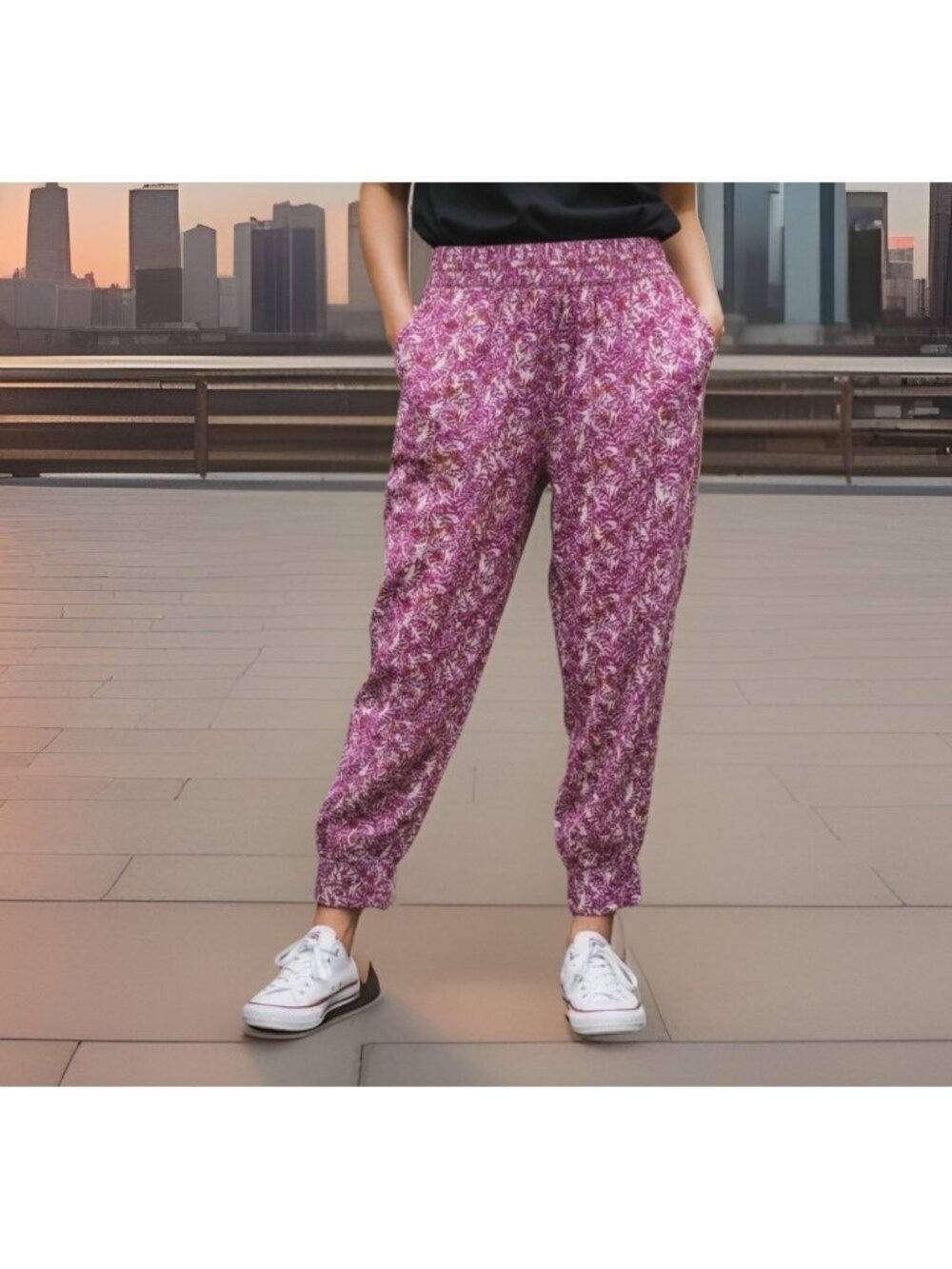 Anthropologie Smocked Printed Abstract Pink Floral Joggers Pants Medium Boho - Picture 2 of 8